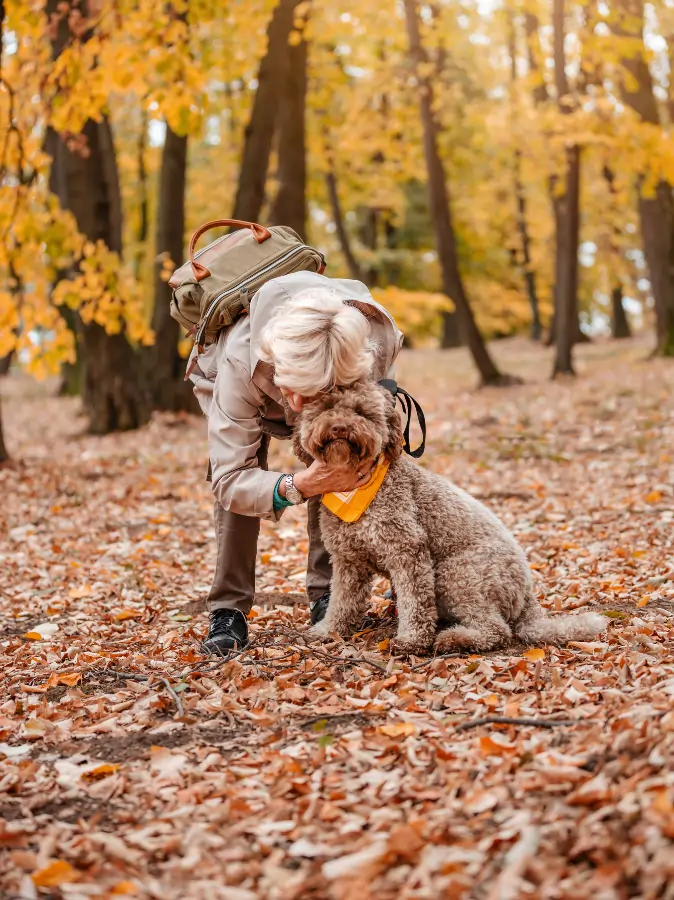 Frau mit Hund im Wald