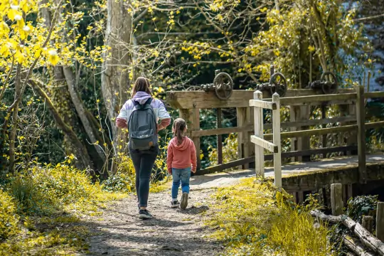 Eine Frau spaziert mit einem kleinen Mädchen durch ein kleines Waldstück, vor ihnen ist eine kleine Holzbrücke zu sehen.