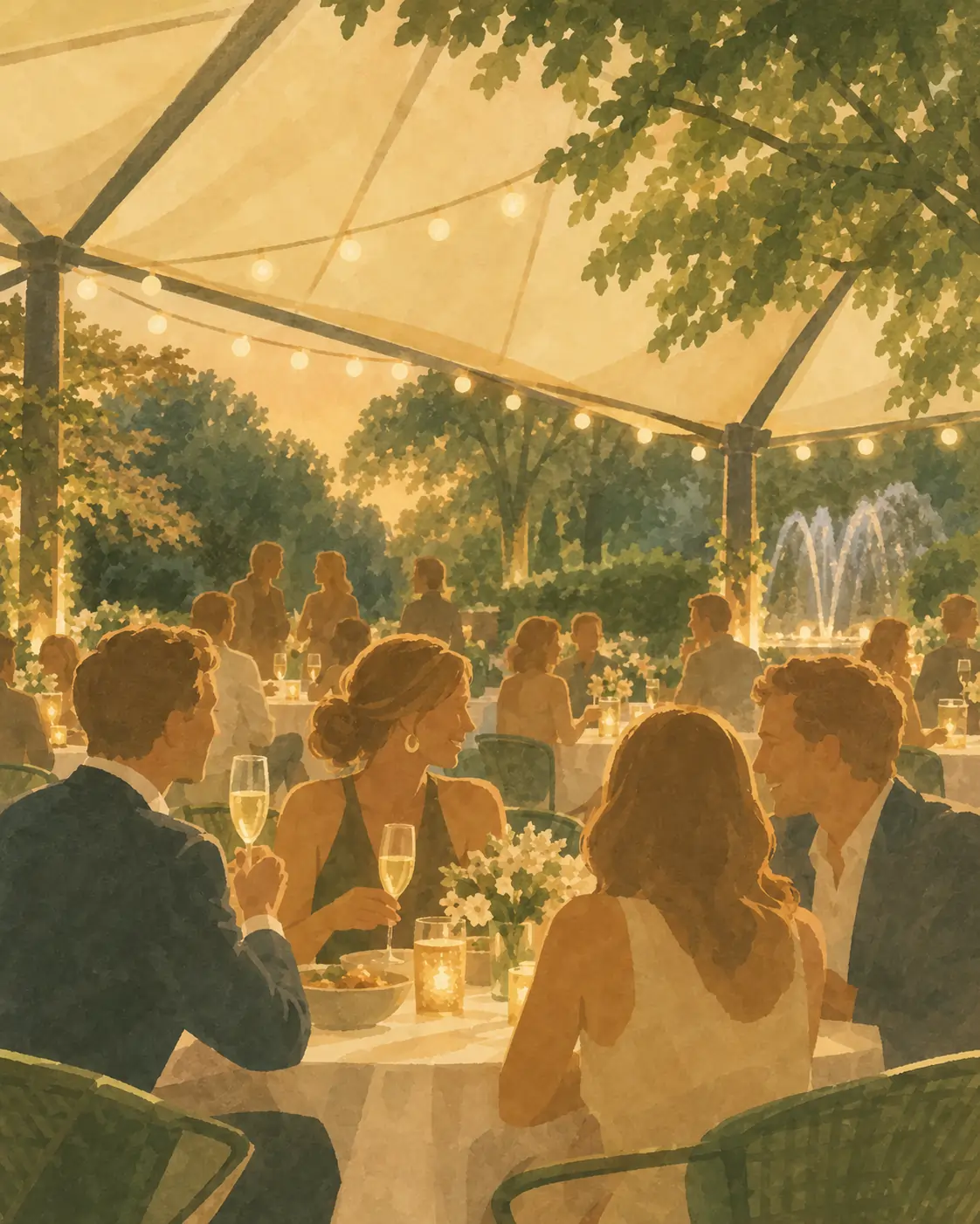 Ein Illustrationsbild, das Menschen zeigt, die im Parkhotel Gütersloh sitzen und sich unterhalten.